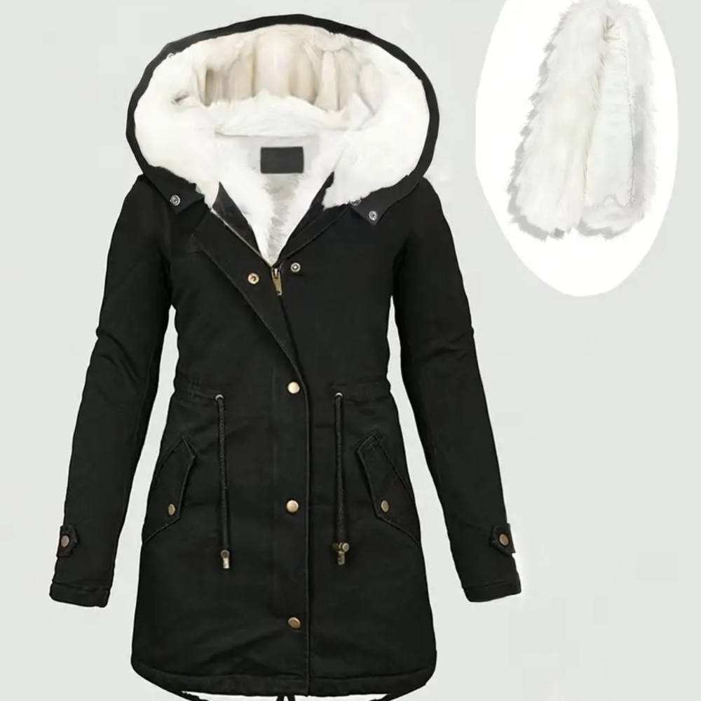 Black Parka Coat with White Faux Fur Lining/ Removeable Faux Fur Cover For Hood.